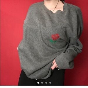 Big grey sweater with little rose decal 🤍❤️​​​​​​​​​​​​​​​​​​​​​​​​